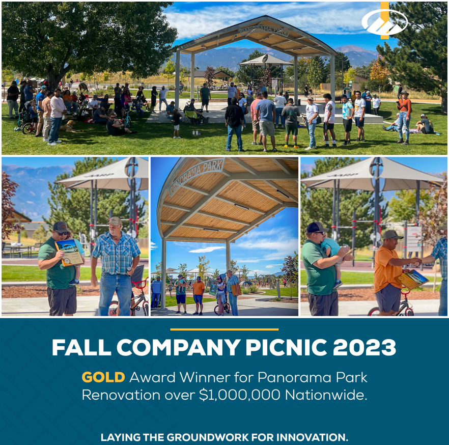infographic of fall company picnic 2023 with pictures of the gathering at panorama park during the day